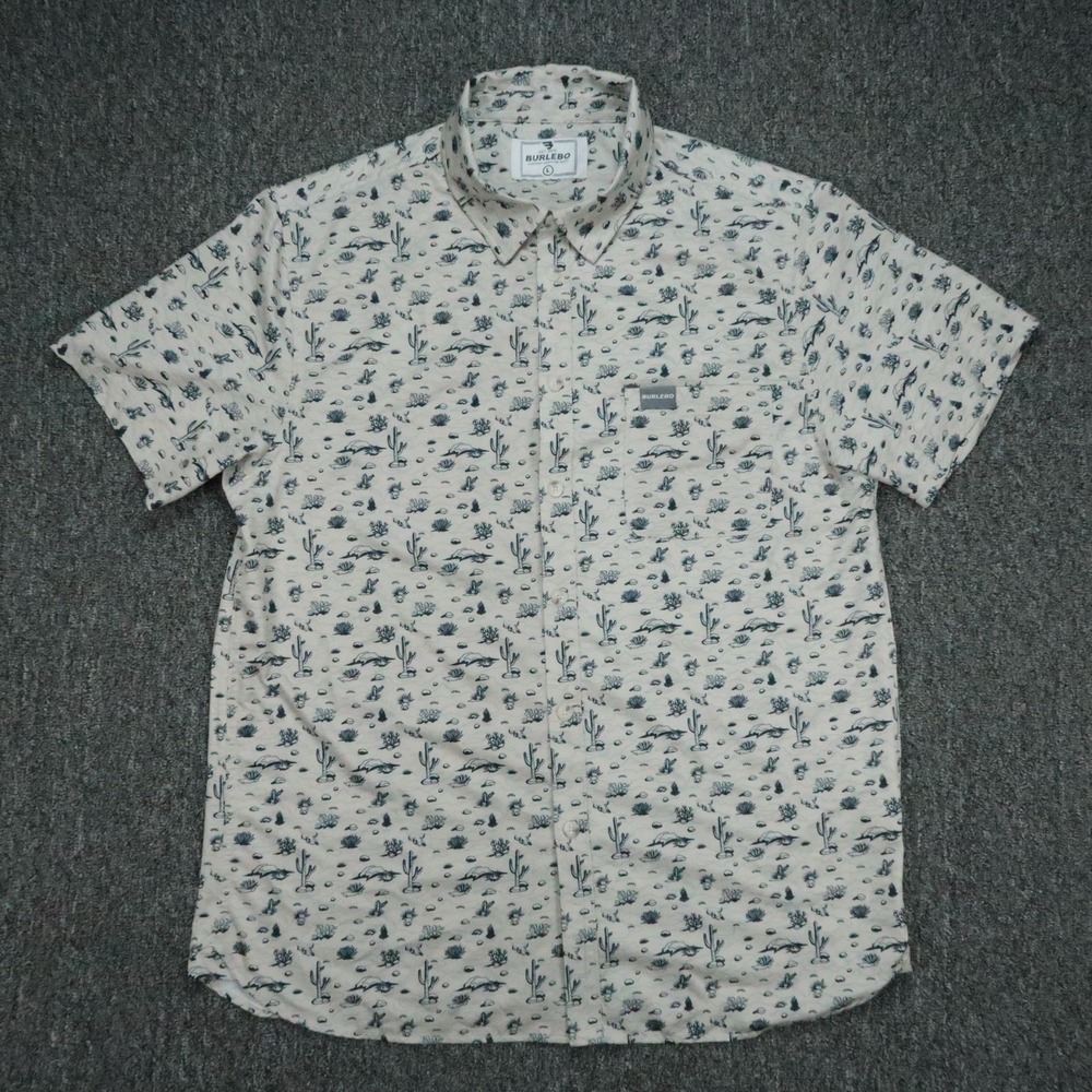 Burlebo Shirt Mens Large Cream Blue Performance Out West Desert Cactus